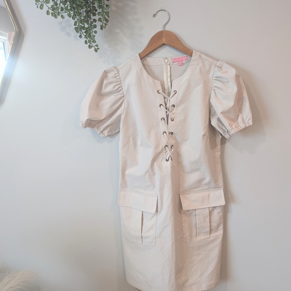 Ldt Cream Sheath Mini Dress with Puff Sleeves - Picture 2 of 11